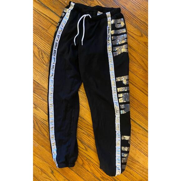 Victoria’s Secret PINK Black Silver Sequin Bling Logo Classic Sweatpants Size S - Picture 3 of 10